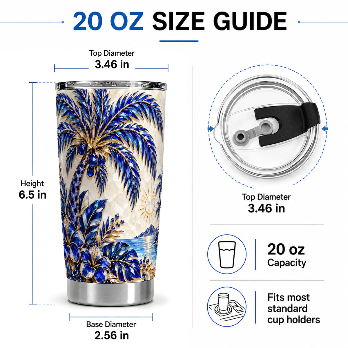 #pl[20oz|Steel] Blue Palm Tropical 20oz Tumbler, Floral Coastal Artwork for Beach Lovers