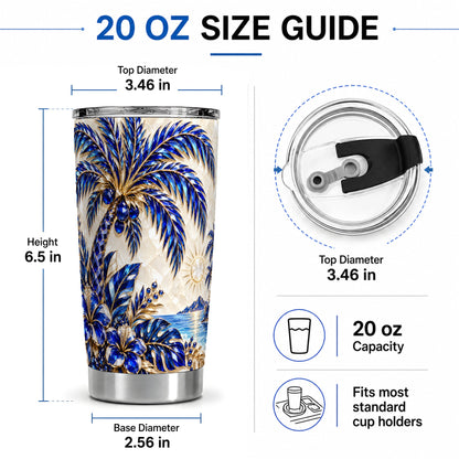 #pl[20oz|Steel] Blue Palm Tropical 20oz Tumbler, Floral Coastal Artwork for Beach Lovers