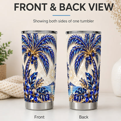 #pl[20oz|Steel] Blue Palm Tropical 20oz Tumbler, Floral Coastal Artwork for Beach Lovers