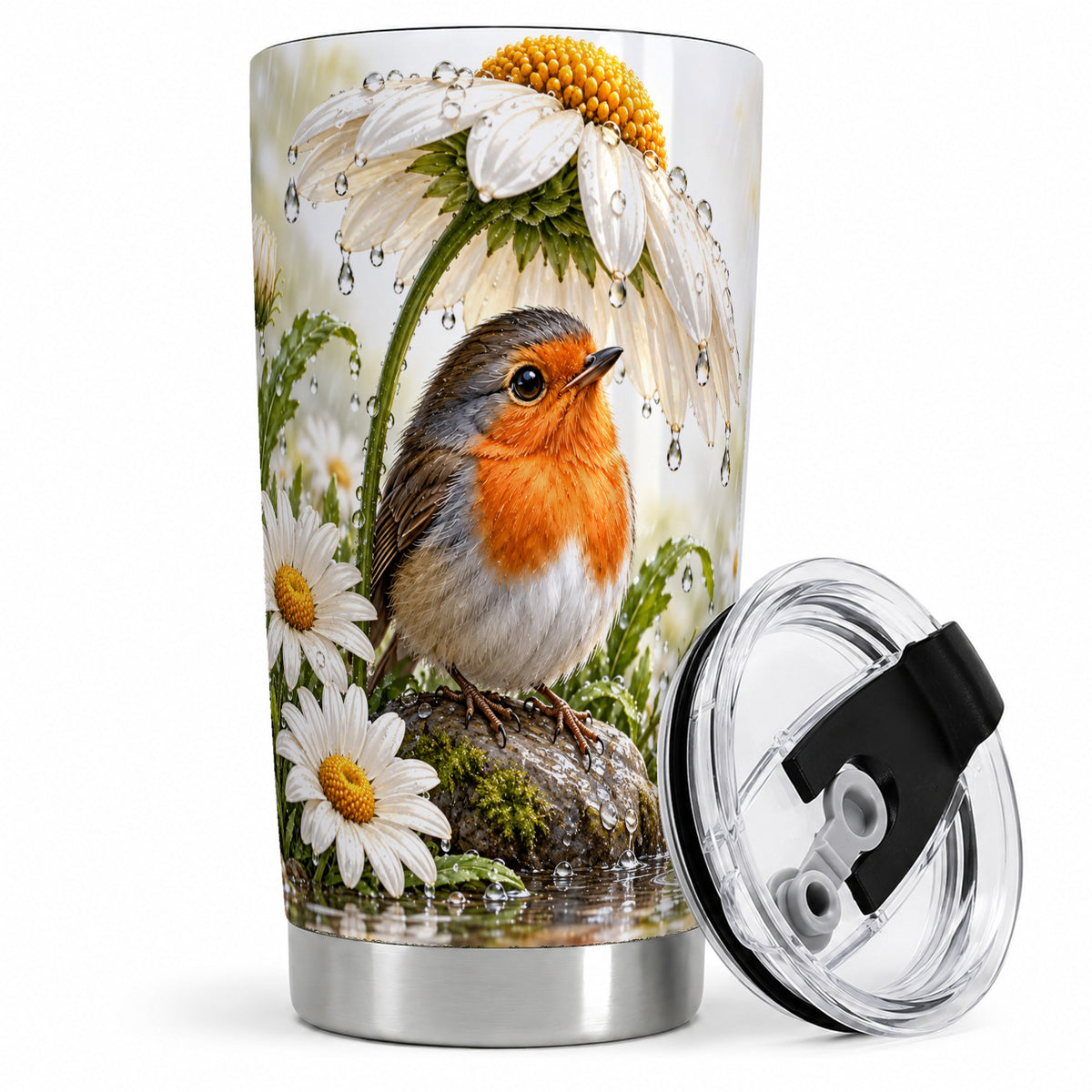 Robin Daisy 20oz Tumbler, Rainy Garden Bird Artwork for Bird Lovers