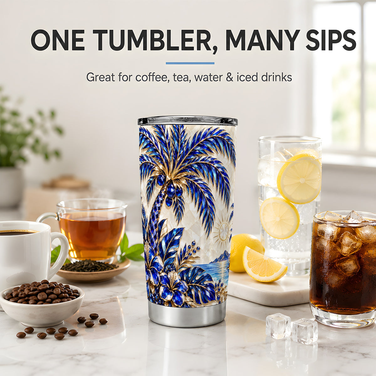 Blue Palm Tropical 20oz Tumbler, Floral Coastal Artwork for Beach Lovers