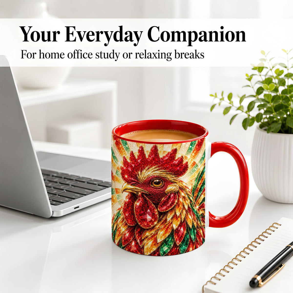 #pl[11oz|Red] Colorful Faceted Rooster Accent Mug, Ceramic Cup for Farm Fans