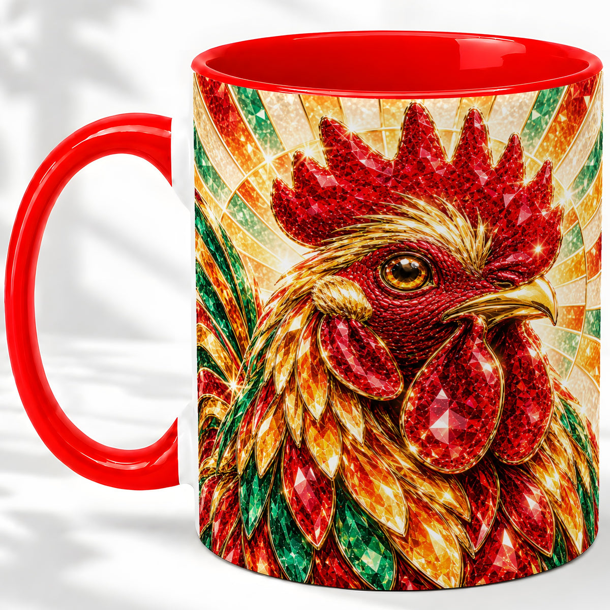 Colorful Faceted Rooster Accent Mug, Ceramic Cup for Farm Fans