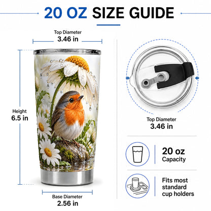 #pl[20oz|Steel] Robin Daisy 20oz Tumbler, Rainy Garden Bird Artwork for Bird Lovers