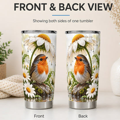 #pl[20oz|Steel] Robin Daisy 20oz Tumbler, Rainy Garden Bird Artwork for Bird Lovers