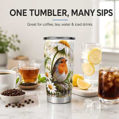Robin Daisy 20oz Tumbler, Rainy Garden Bird Artwork for Bird Lovers