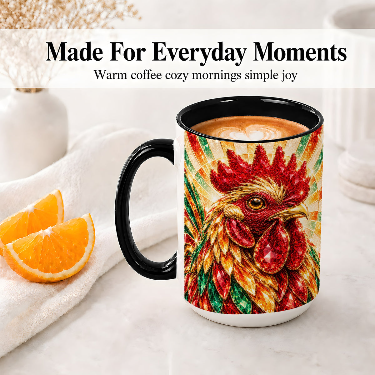 #pl[15oz|Black] Colorful Faceted Rooster Accent Mug, Ceramic Cup for Farm Fans