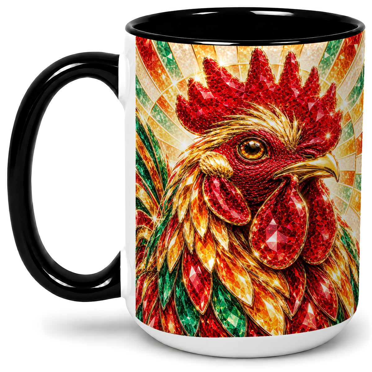 #pl[15oz|Black] Colorful Faceted Rooster Accent Mug, Ceramic Cup for Farm Fans