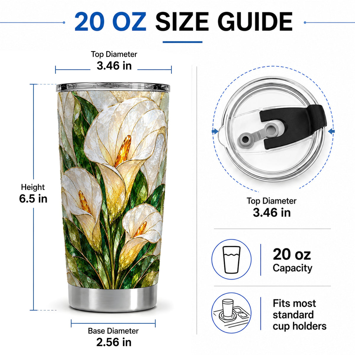 #pl[20oz|Steel] Calla Lily Floral 20oz Tumbler, Stained Glass Style Botanical Artwork