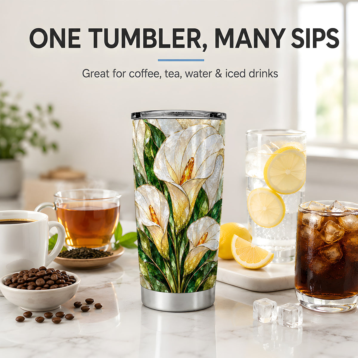Calla Lily Floral 20oz Tumbler, Stained Glass Style Botanical Artwork
