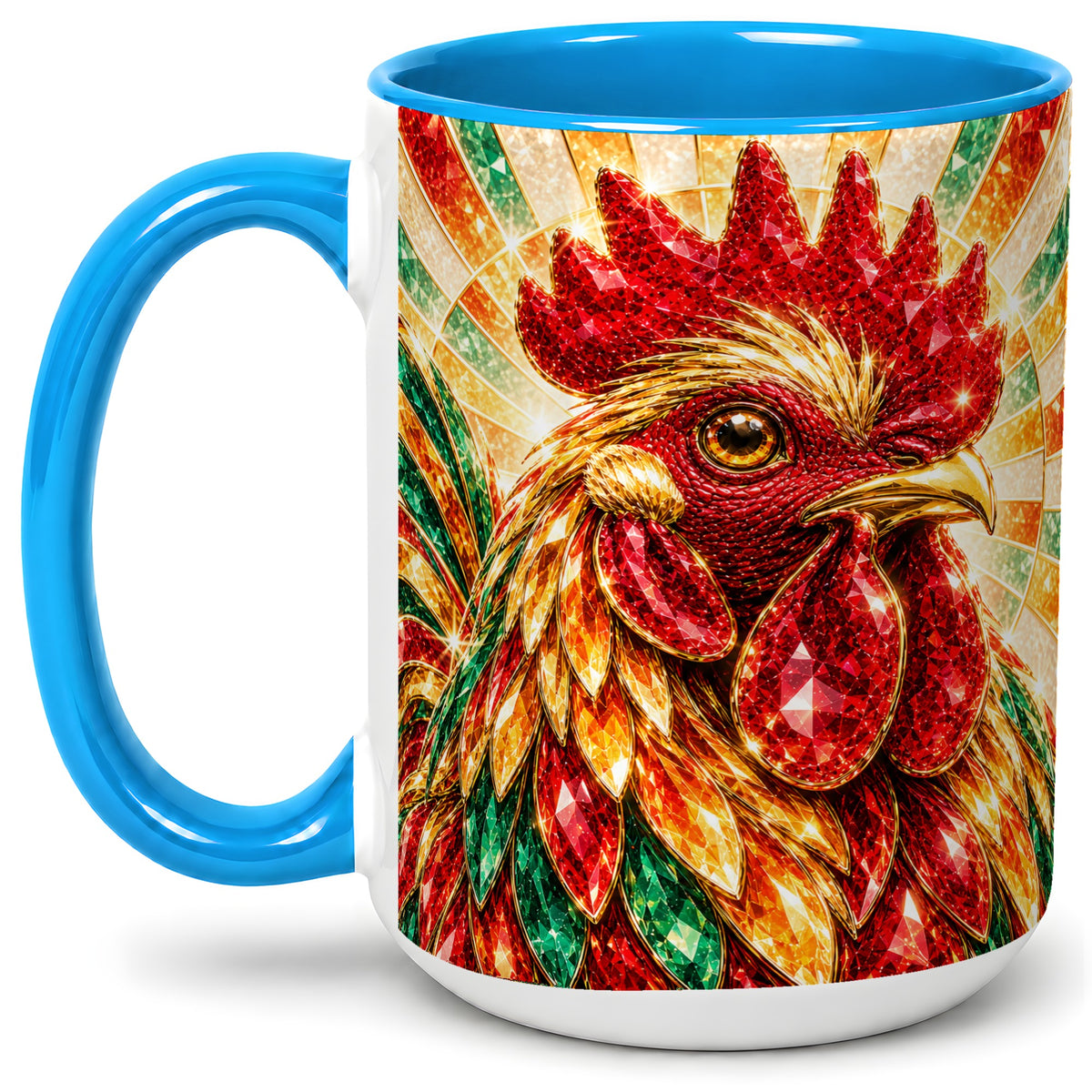 #pl[15oz|Blue] Colorful Faceted Rooster Accent Mug, Ceramic Cup for Farm Fans