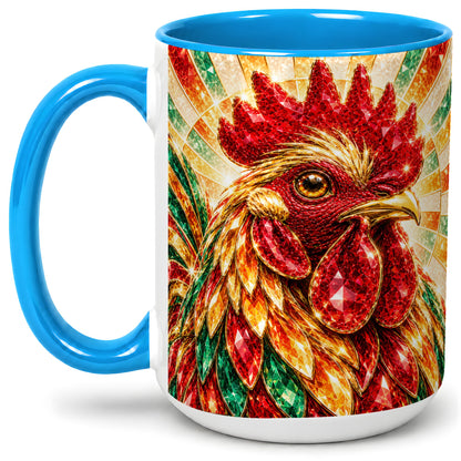 #pl[15oz|Blue] Colorful Faceted Rooster Accent Mug, Ceramic Cup for Farm Fans