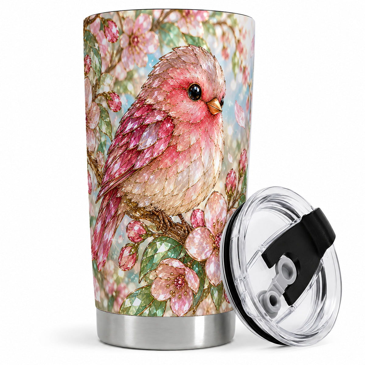 Pink Bird Blossom 20oz Tumbler, Faceted Floral Artwork for Bird Lovers