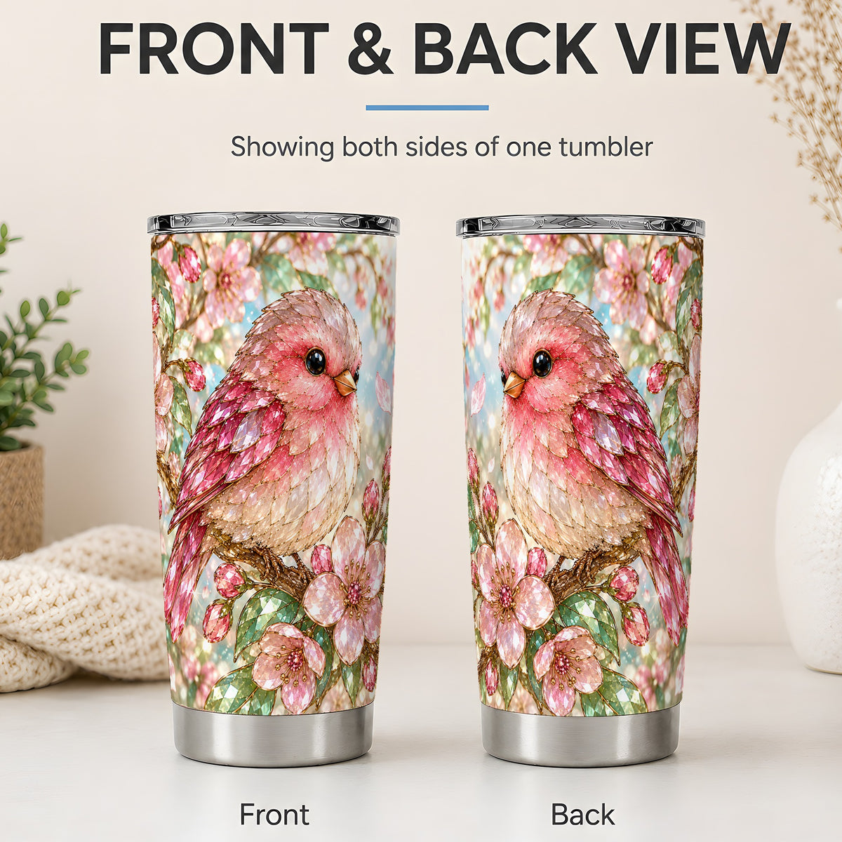 #pl[20oz|Steel] Pink Bird Blossom 20oz Tumbler, Faceted Floral Artwork for Bird Lovers