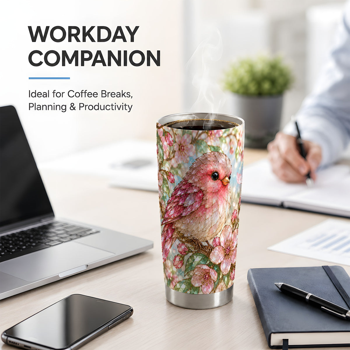 Pink Bird Blossom 20oz Tumbler, Faceted Floral Artwork for Bird Lovers