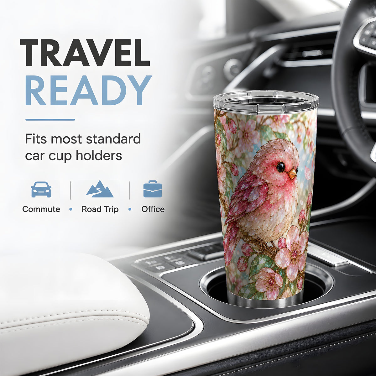 Pink Bird Blossom 20oz Tumbler, Faceted Floral Artwork for Bird Lovers