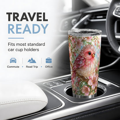 Pink Bird Blossom 20oz Tumbler, Faceted Floral Artwork for Bird Lovers
