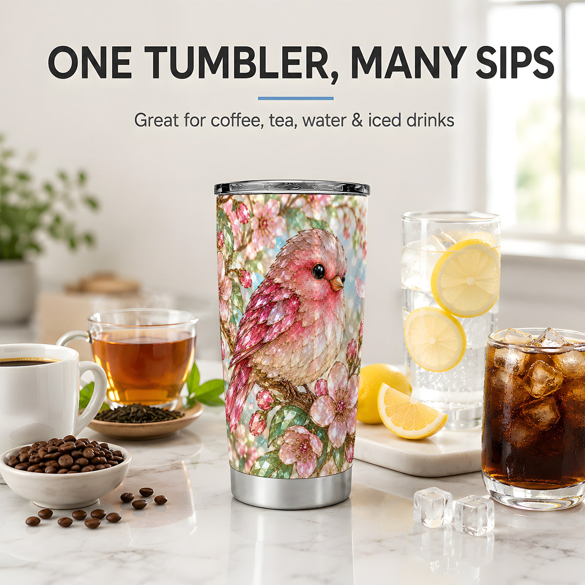 Pink Bird Blossom 20oz Tumbler, Faceted Floral Artwork for Bird Lovers