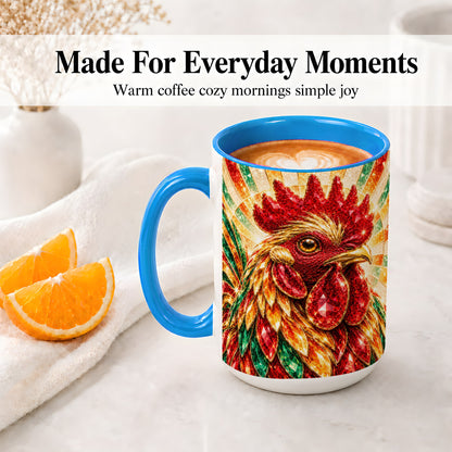 #pl[15oz|Blue] Colorful Faceted Rooster Accent Mug, Ceramic Cup for Farm Fans