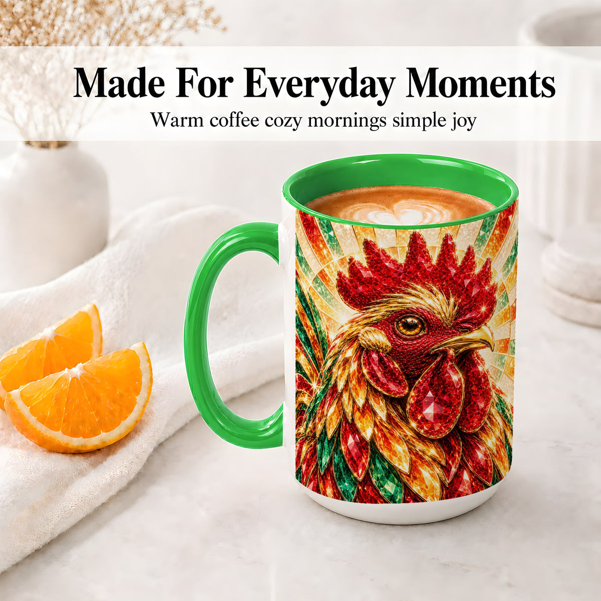 #pl[15oz|Green] Colorful Faceted Rooster Accent Mug, Ceramic Cup for Farm Fans