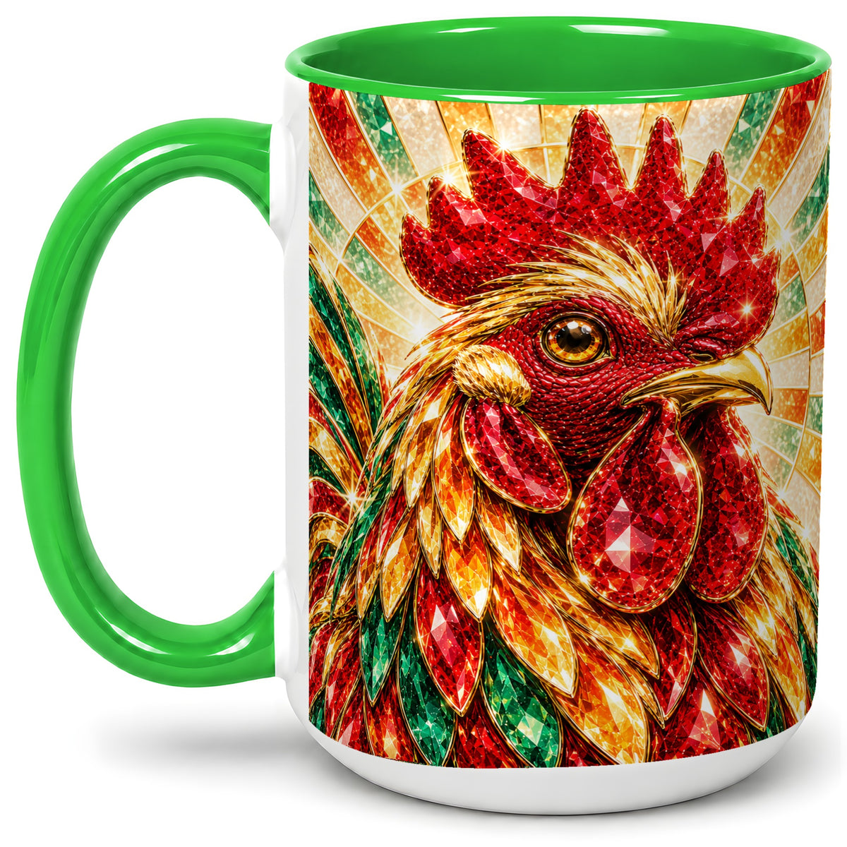 #pl[15oz|Green] Colorful Faceted Rooster Accent Mug, Ceramic Cup for Farm Fans