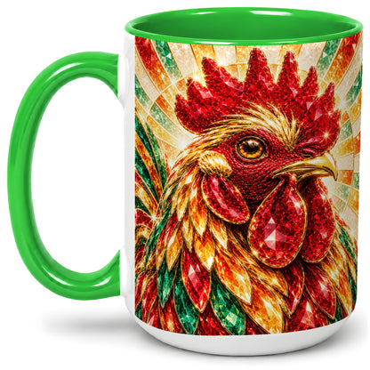 #pl[15oz|Green] Colorful Faceted Rooster Accent Mug, Ceramic Cup for Farm Fans