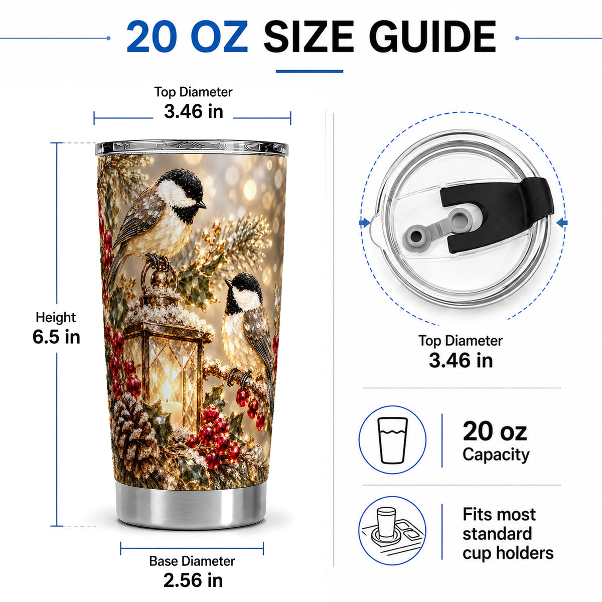 #pl[20oz|Steel] Winter Chickadee 20oz Tumbler, Lantern and Red Berry Bird Artwork
