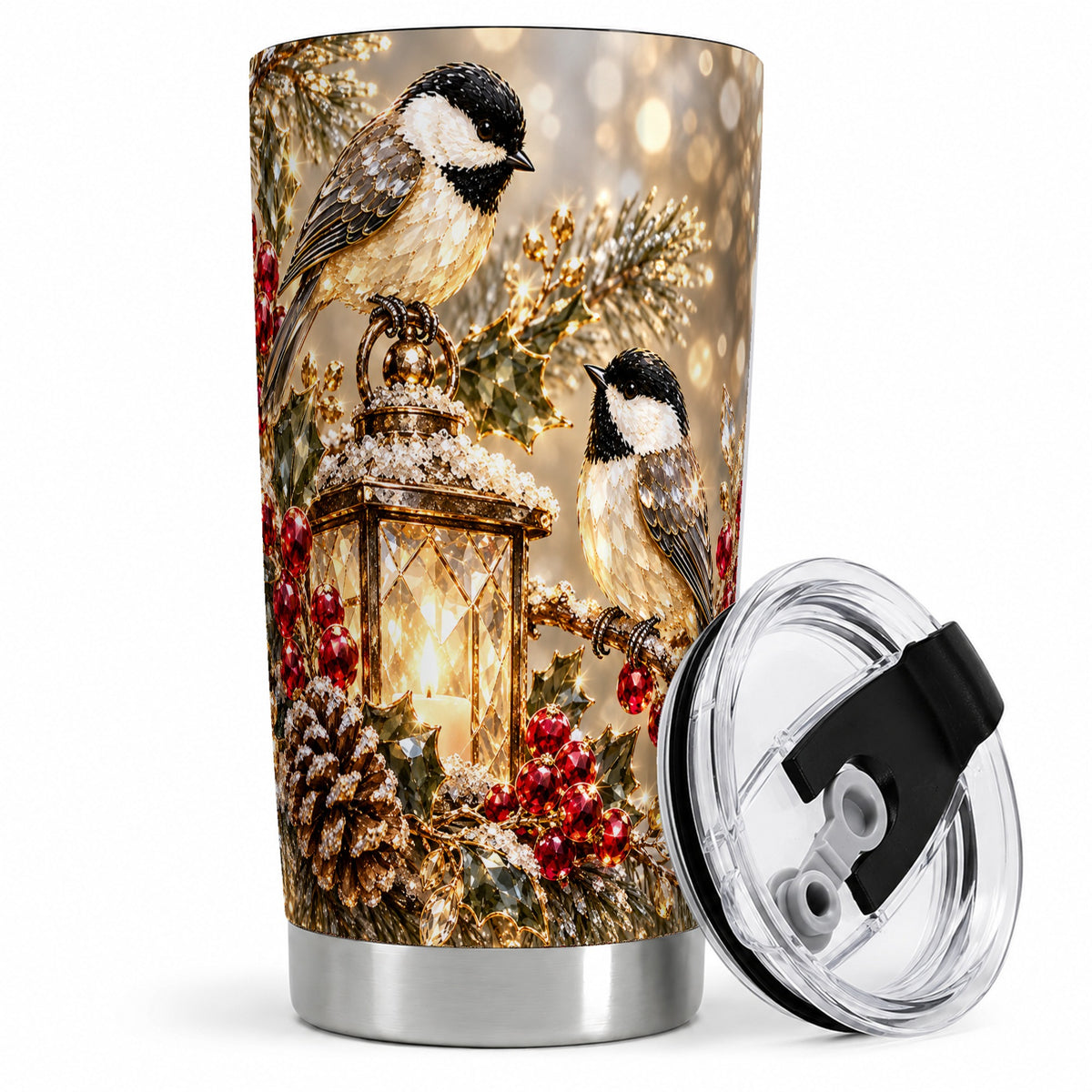 Winter Chickadee 20oz Tumbler, Lantern and Red Berry Bird Artwork