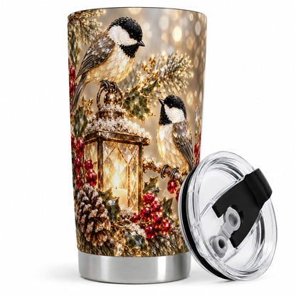 Winter Chickadee 20oz Tumbler, Lantern and Red Berry Bird Artwork