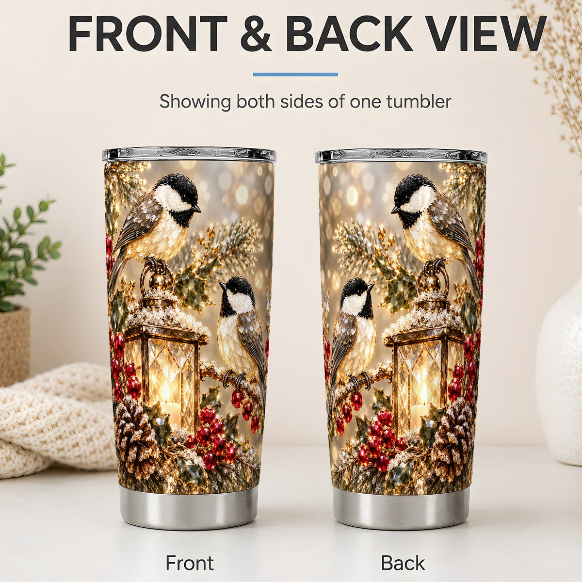 #pl[20oz|Steel] Winter Chickadee 20oz Tumbler, Lantern and Red Berry Bird Artwork