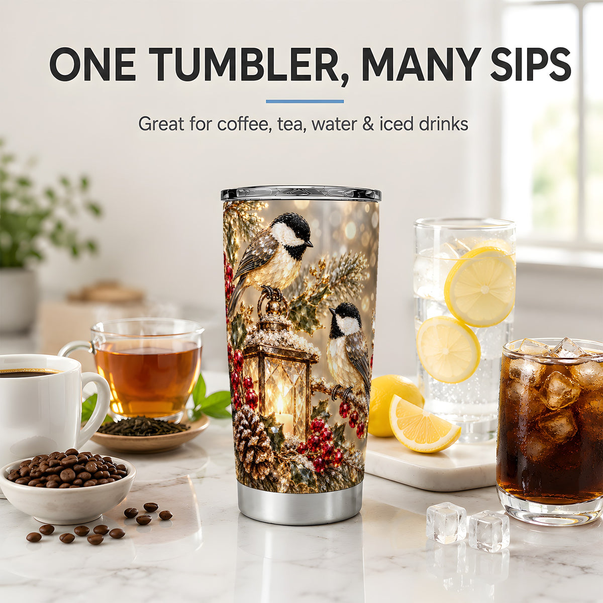 Winter Chickadee 20oz Tumbler, Lantern and Red Berry Bird Artwork