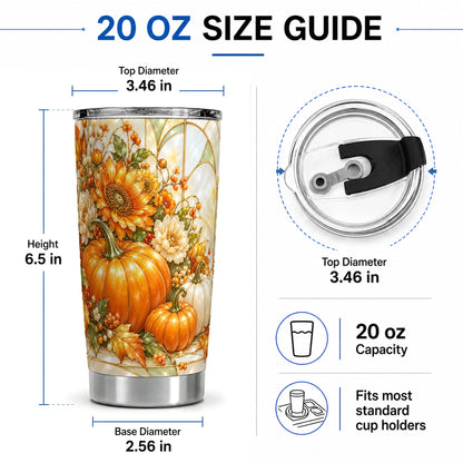 #pl[20oz|Steel] Autumn Pumpkin 20oz Tumbler, Sunflower and Fall Leaf Harvest Artwork