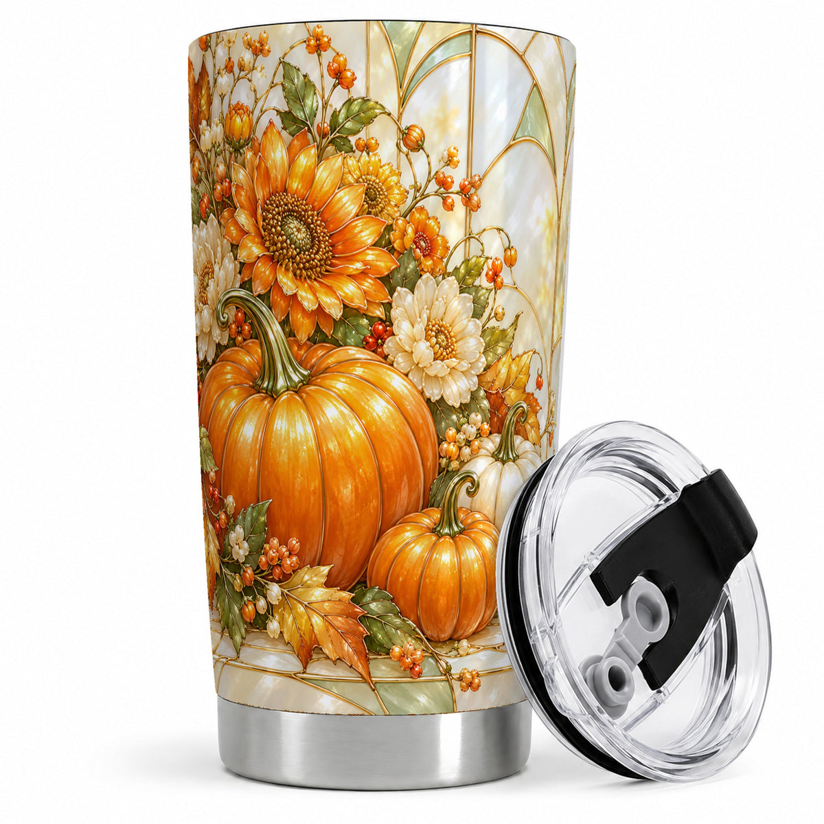Autumn Pumpkin 20oz Tumbler, Sunflower and Fall Leaf Harvest Artwork