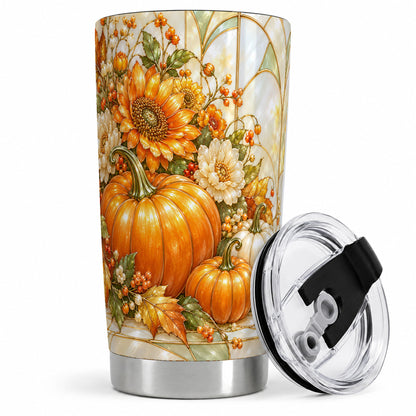 Autumn Pumpkin 20oz Tumbler, Sunflower and Fall Leaf Harvest Artwork