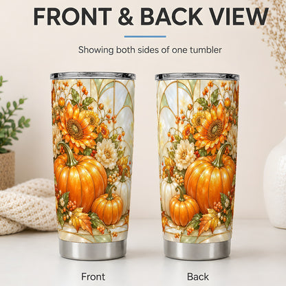 #pl[20oz|Steel] Autumn Pumpkin 20oz Tumbler, Sunflower and Fall Leaf Harvest Artwork