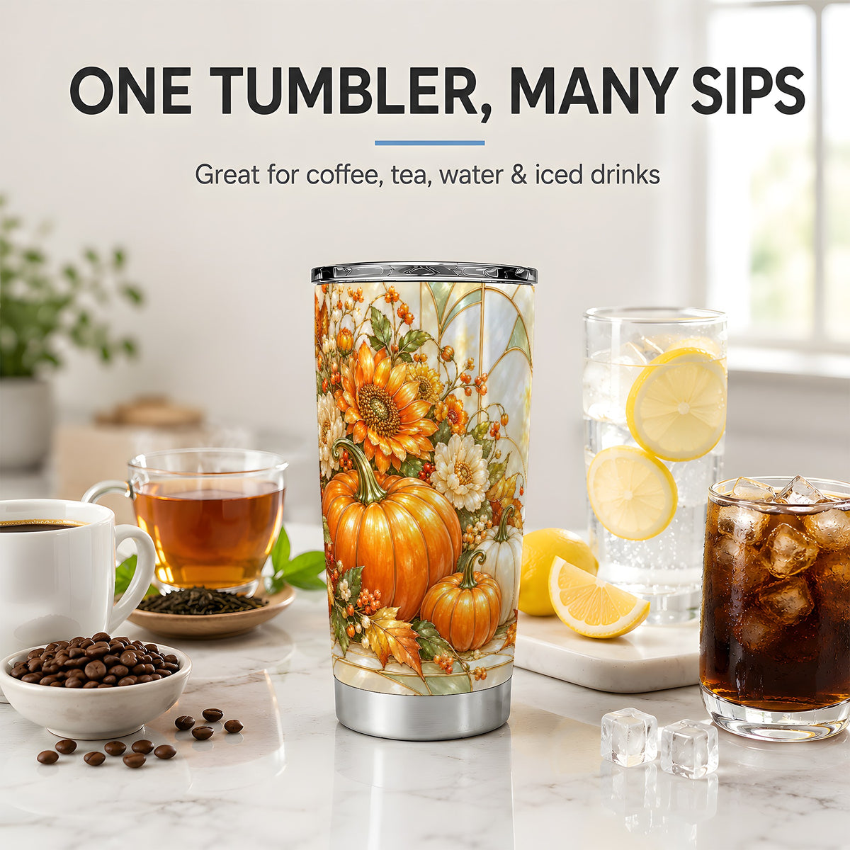 Autumn Pumpkin 20oz Tumbler, Sunflower and Fall Leaf Harvest Artwork