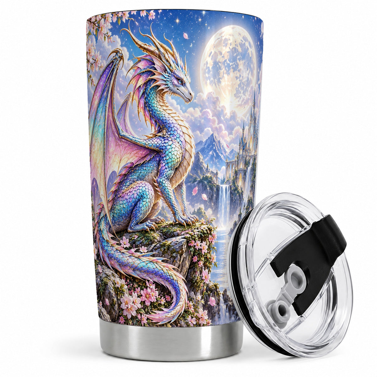 Fantasy Dragon 20oz Tumbler, Moon Castle Artwork for Dragon Fans