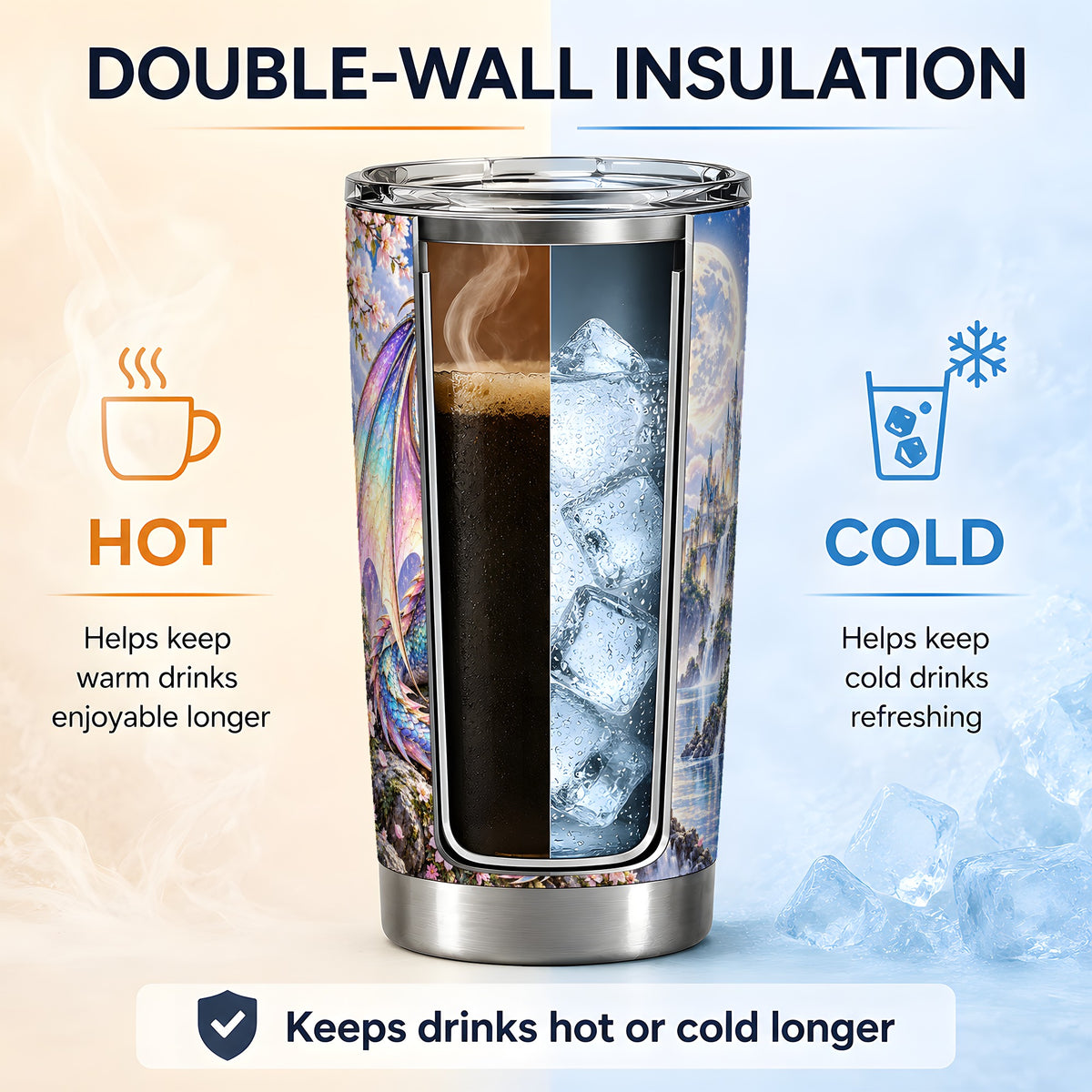 Fantasy Dragon 20oz Tumbler, Moon Castle Artwork for Dragon Fans