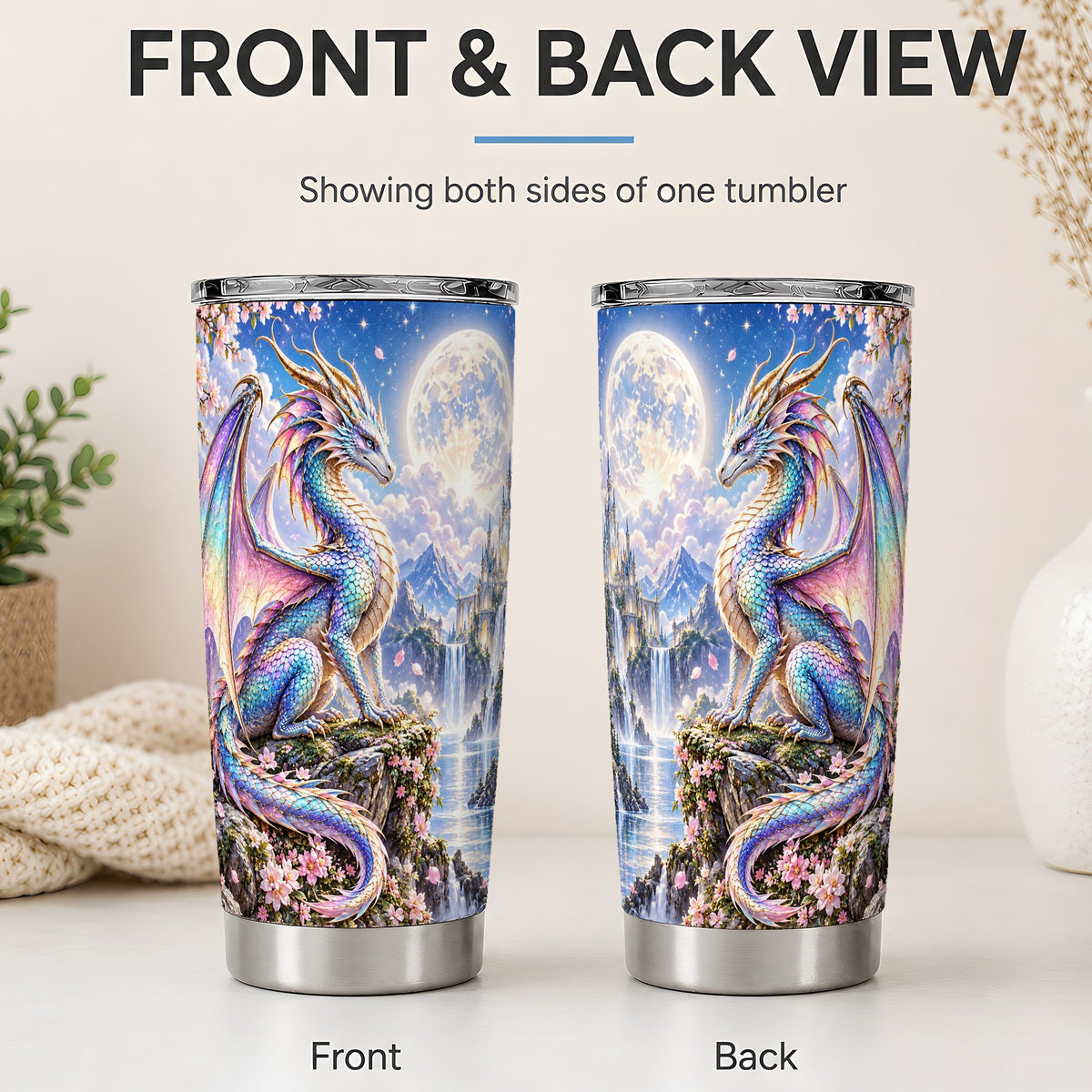#pl[20oz|Steel] Fantasy Dragon 20oz Tumbler, Moon Castle Artwork for Dragon Fans