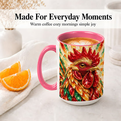 #pl[15oz|Pink] Colorful Faceted Rooster Accent Mug, Ceramic Cup for Farm Fans