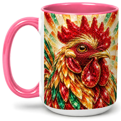 #pl[15oz|Pink] Colorful Faceted Rooster Accent Mug, Ceramic Cup for Farm Fans