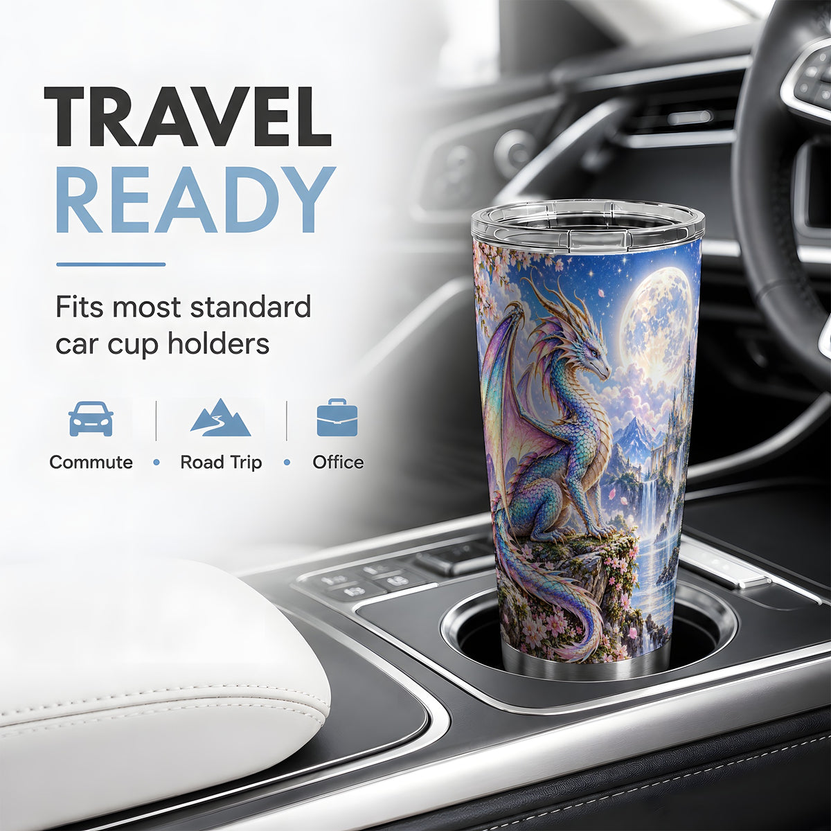 Fantasy Dragon 20oz Tumbler, Moon Castle Artwork for Dragon Fans