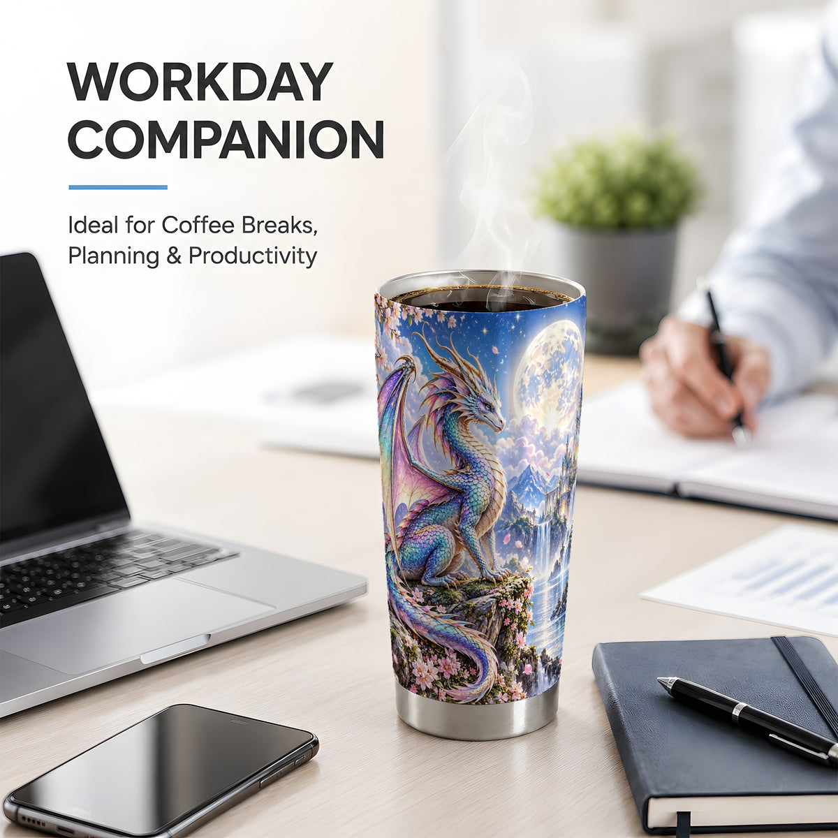 Fantasy Dragon 20oz Tumbler, Moon Castle Artwork for Dragon Fans