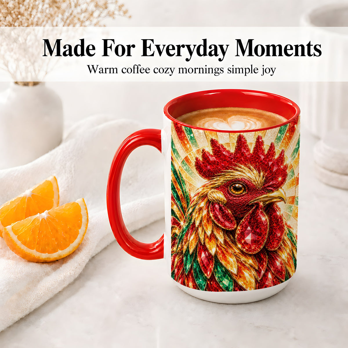 #pl[15oz|Red] Colorful Faceted Rooster Accent Mug, Ceramic Cup for Farm Fans