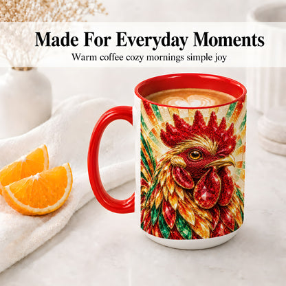 #pl[15oz|Red] Colorful Faceted Rooster Accent Mug, Ceramic Cup for Farm Fans