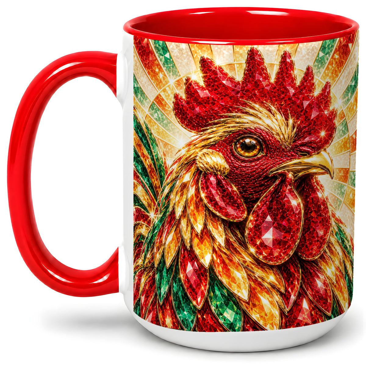 #pl[15oz|Red] Colorful Faceted Rooster Accent Mug, Ceramic Cup for Farm Fans