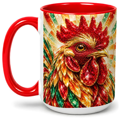 #pl[15oz|Red] Colorful Faceted Rooster Accent Mug, Ceramic Cup for Farm Fans