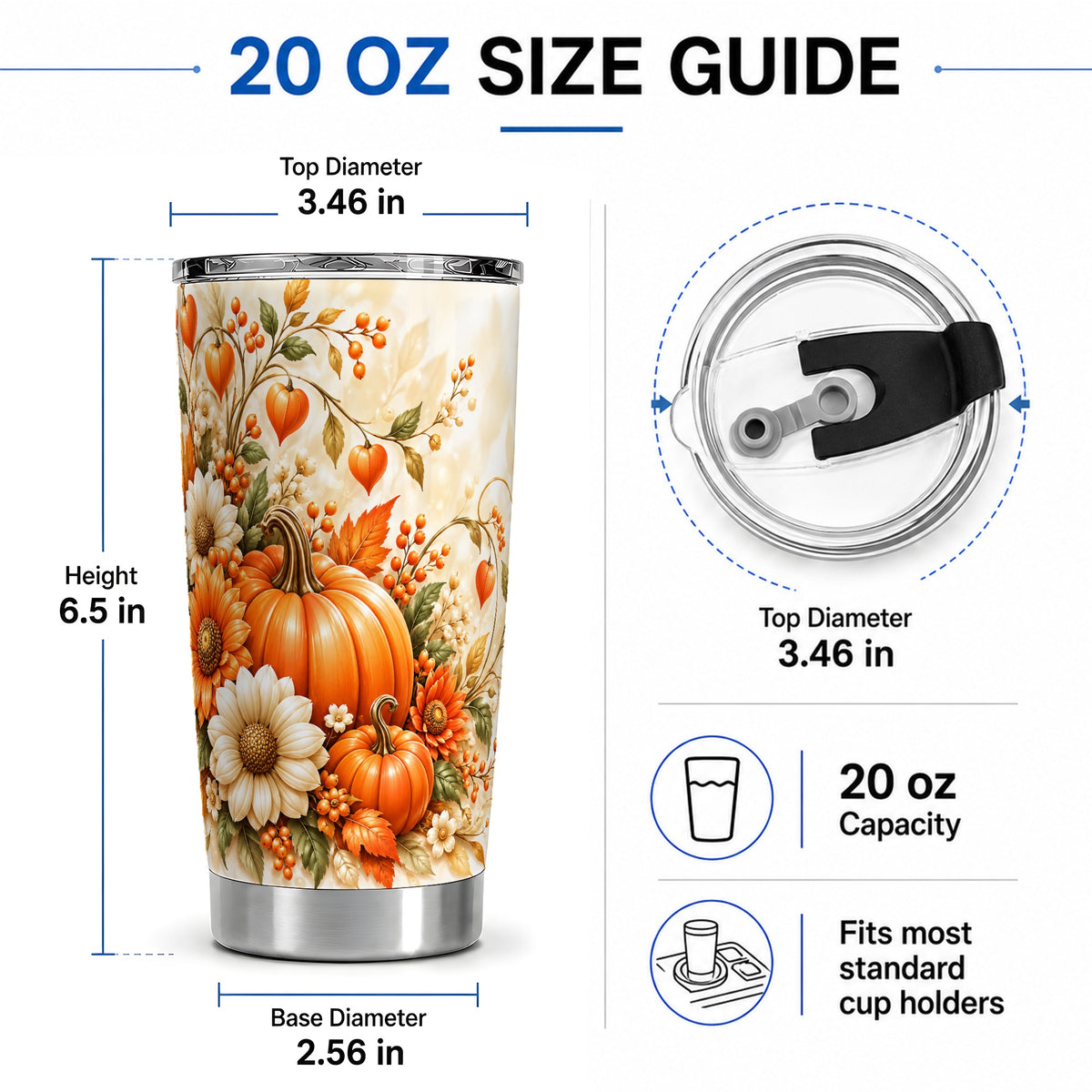 #pl[20oz|Steel] Autumn Pumpkin Floral 20oz Tumbler, Sunflower Harvest Artwork