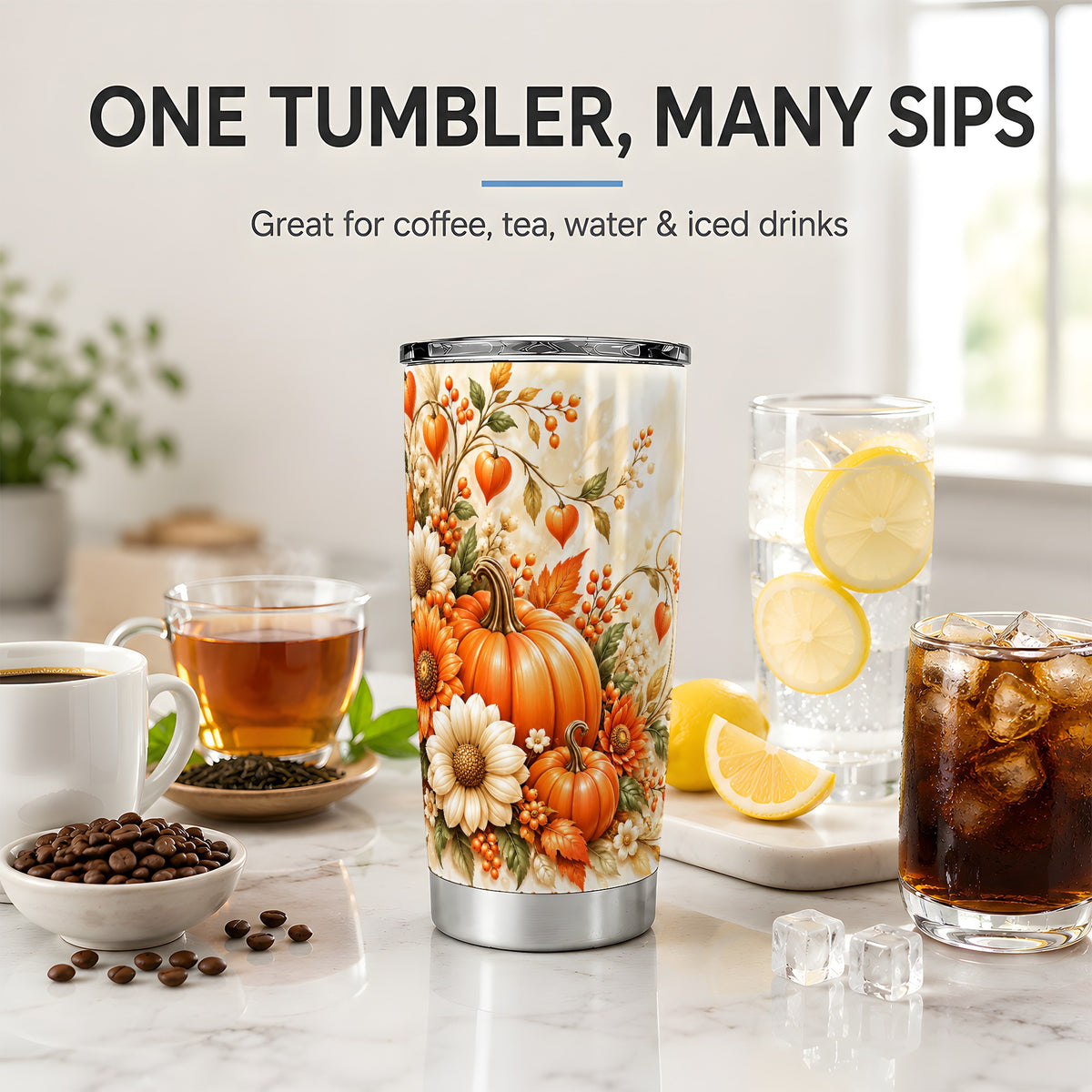 Autumn Pumpkin Floral 20oz Tumbler, Sunflower Harvest Artwork