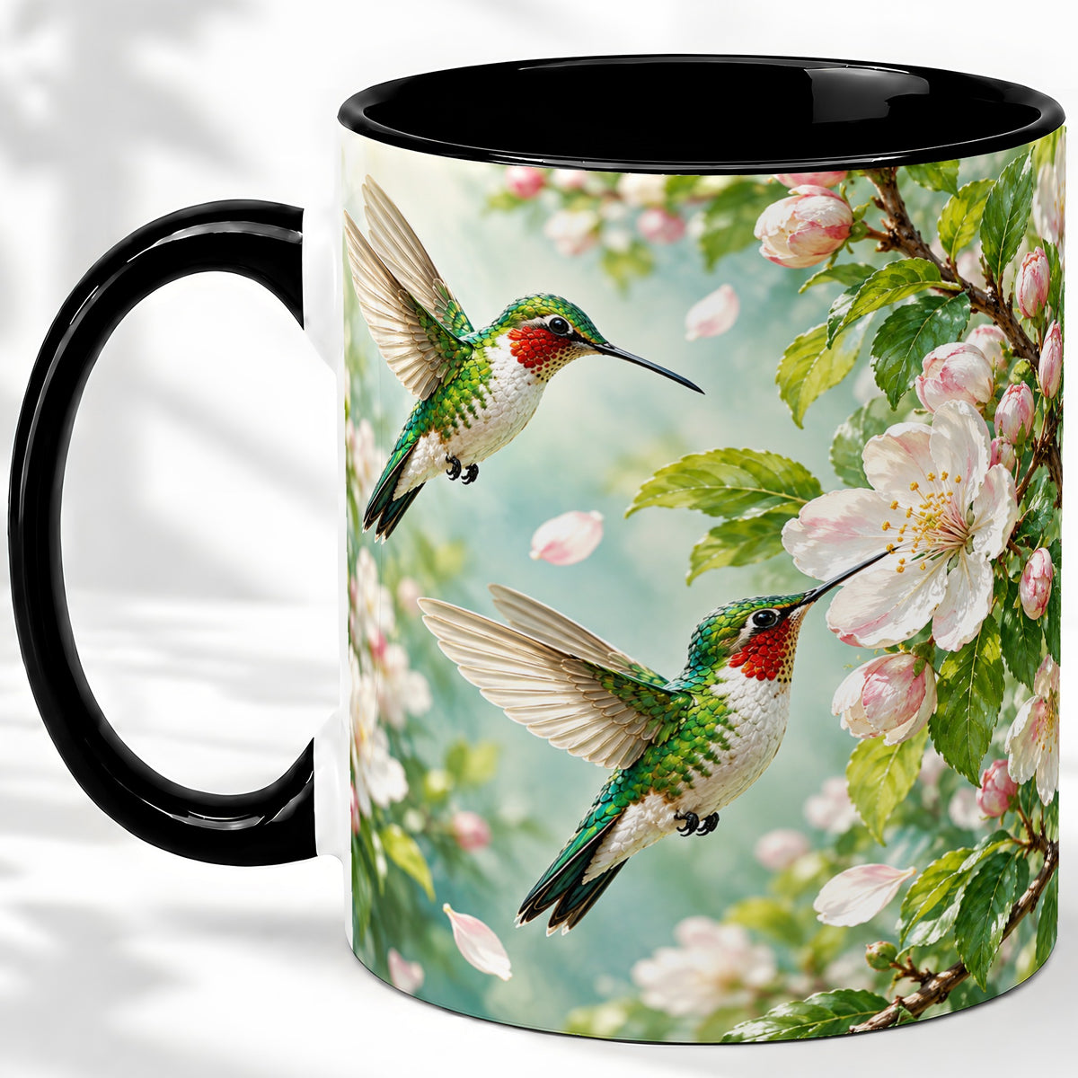 #pl[11oz|Black] Hummingbird Spring Blossom Accent Mug, Ceramic Cup for Bird Lovers